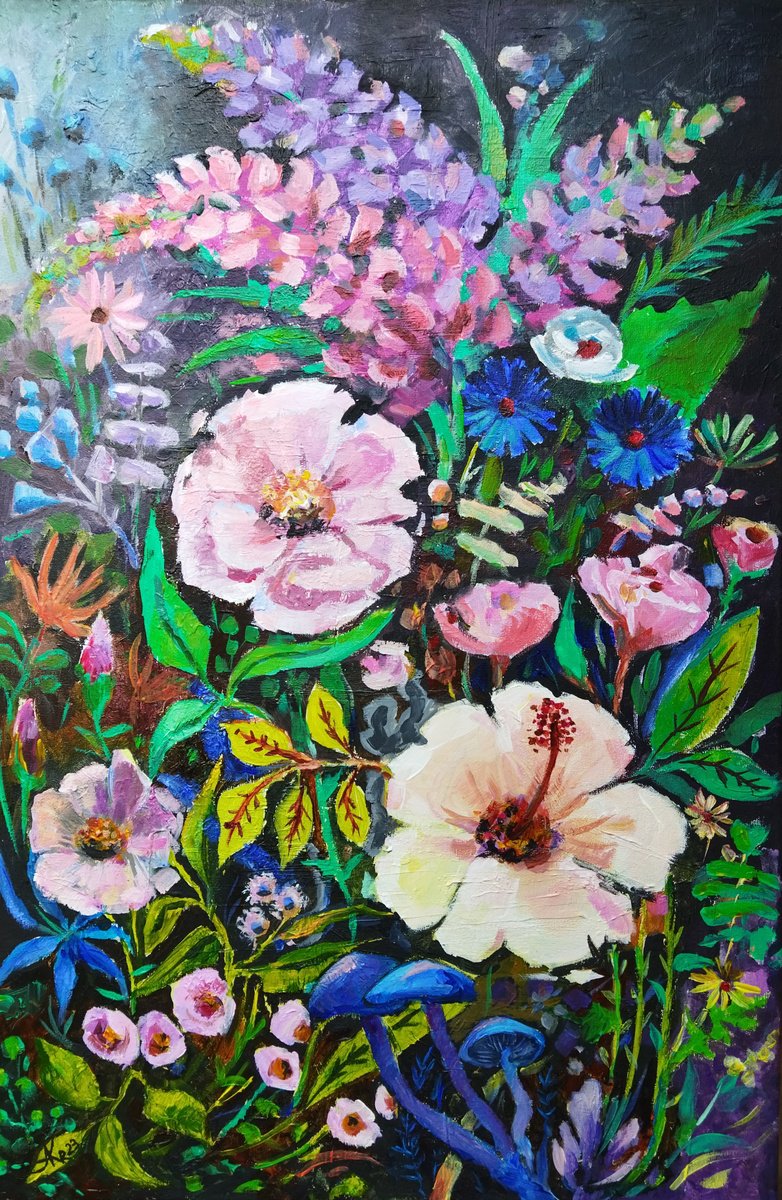 Impressionistic Botanical Acrylic Painting By Ann Krasikova, 16 X 24, Flowers Mosaic, Original Artwork