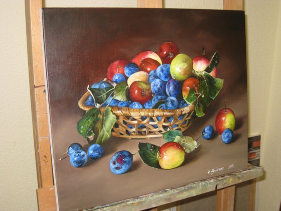 Basket of Plums and Apples
