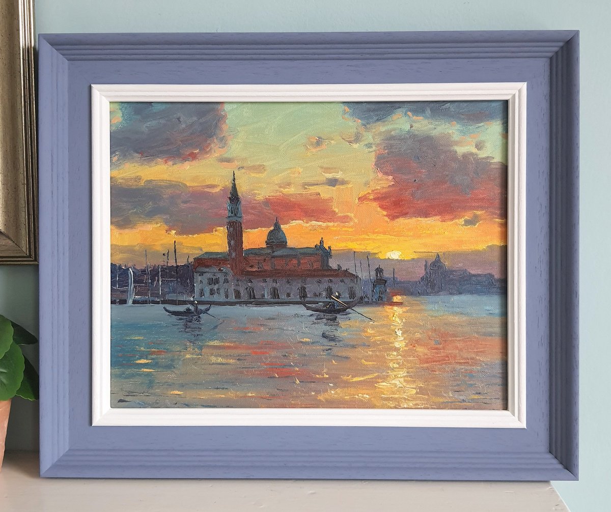 Impressionistic Cityscapes Oil Painting By Roberto Ponte, 18 X 15", Venice San Giorgio Sunset, Original Artwork