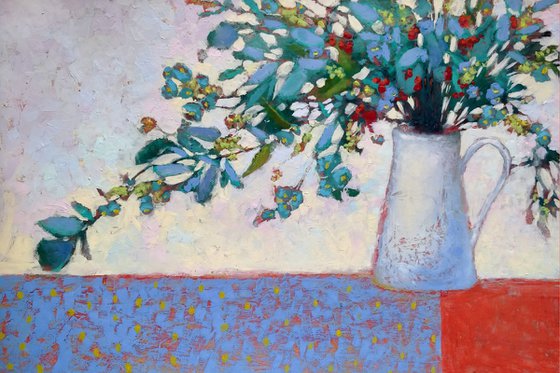 Summer Bouquet On The Red Table With Blue Cloth