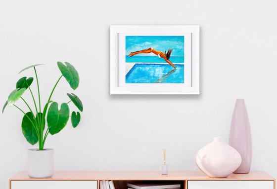 The moment, Pool Painting Original Art Women Figure Painting Swimming Wall Art Sport Artwork