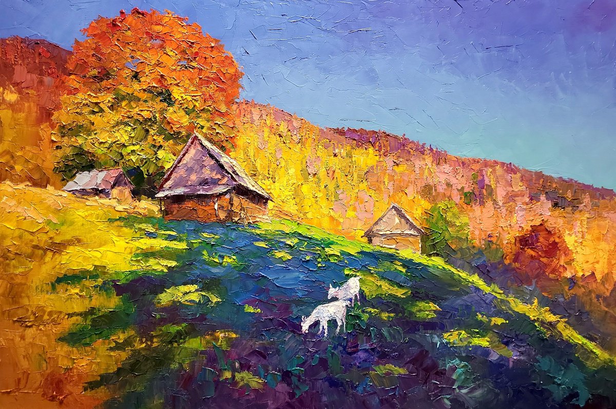 Impressionistic Landscape Oil Painting By Boris Serdyuk, 35 X 24, Autumn In The Carpathians, Original Artwork