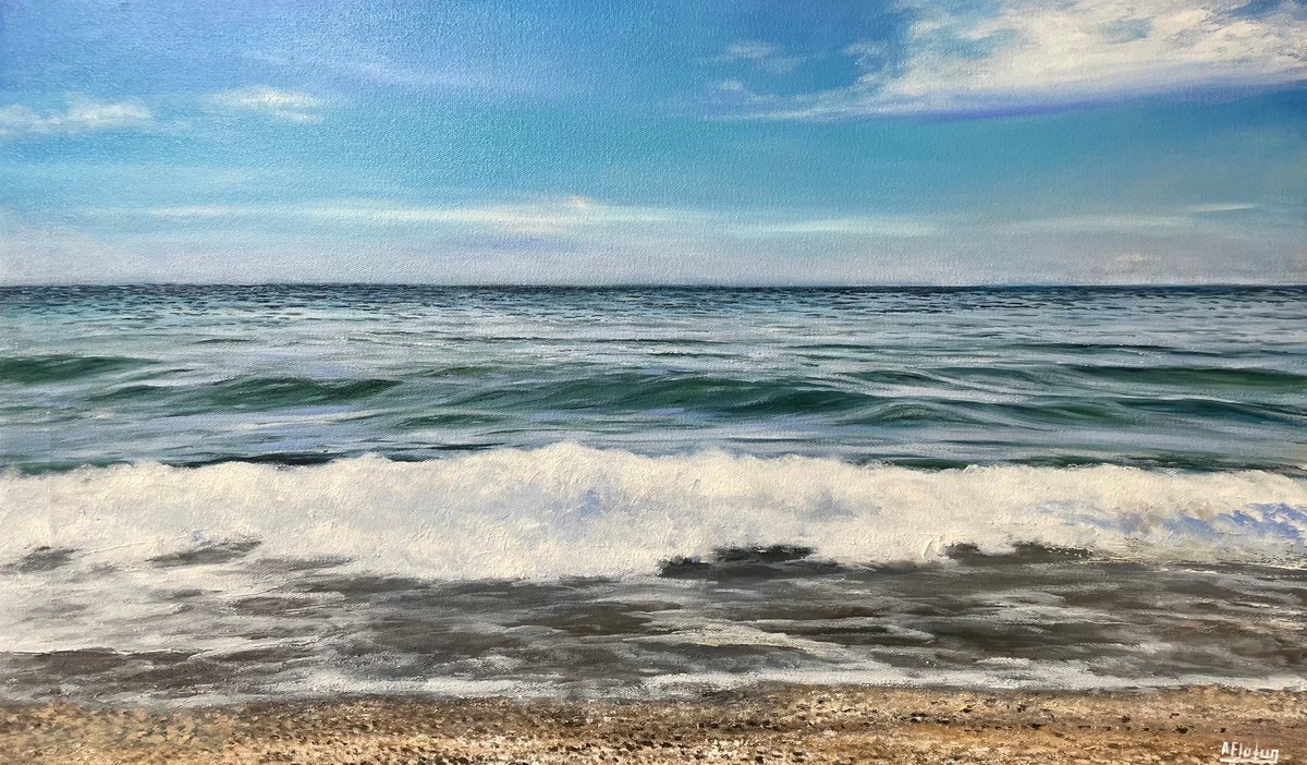 Photorealistic Landscape Oil Painting By Aflatun Israilov, 39 X 24, Mediterranean Sea, Original Artwork