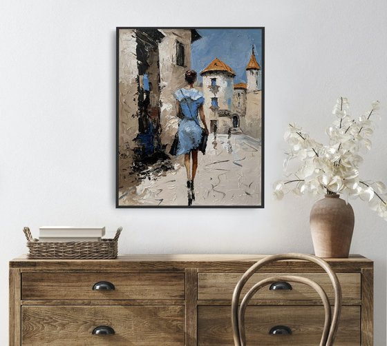 Lady in Blue. Old Town Stroll. Summer life.
