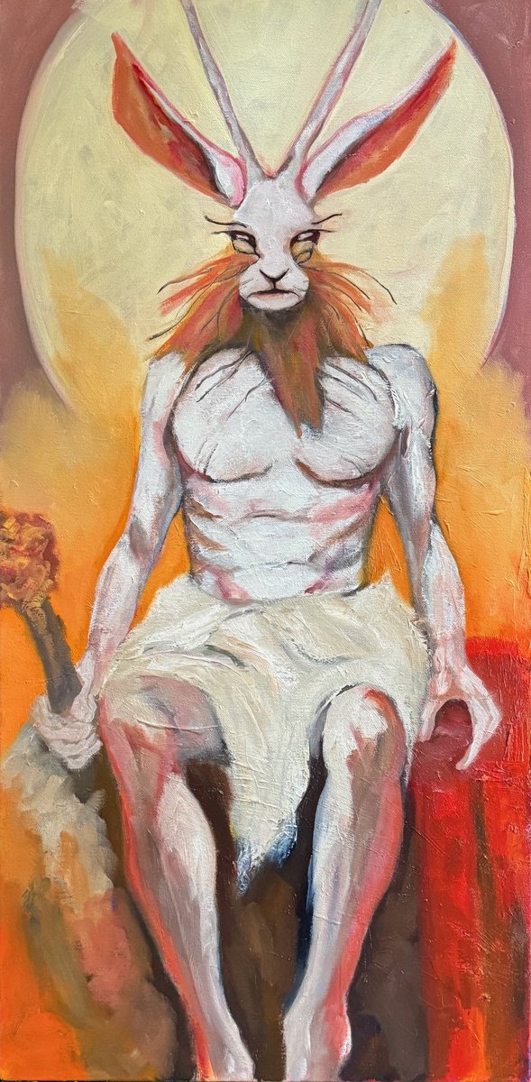 Impressionistic Animal Oil Painting By Lola Jovan, 15 X 30", Rabbit Fighter, Original Artwork