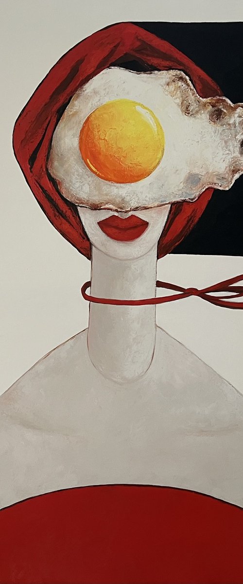 Egg girl in red on a windy day by Ta Byrne