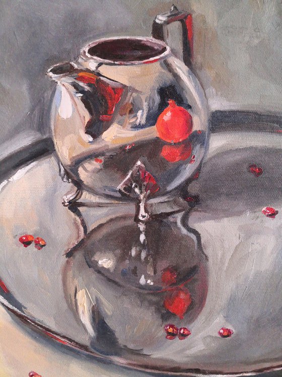 Pomegranate with Silver Teapot on a silver tray still life