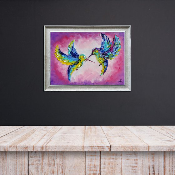 Pink dreams - birds oil painting, hummingbirds, birds, oil painting, love oil painting