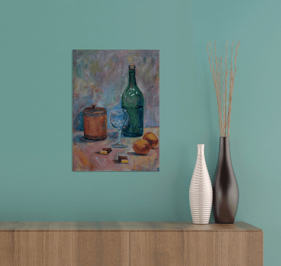 Acrylic painting Still-life with bottle, wineglass, mandarins and sweets