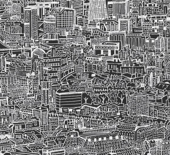 London Skyline with the Shard (Black and white drawing with collage detail)