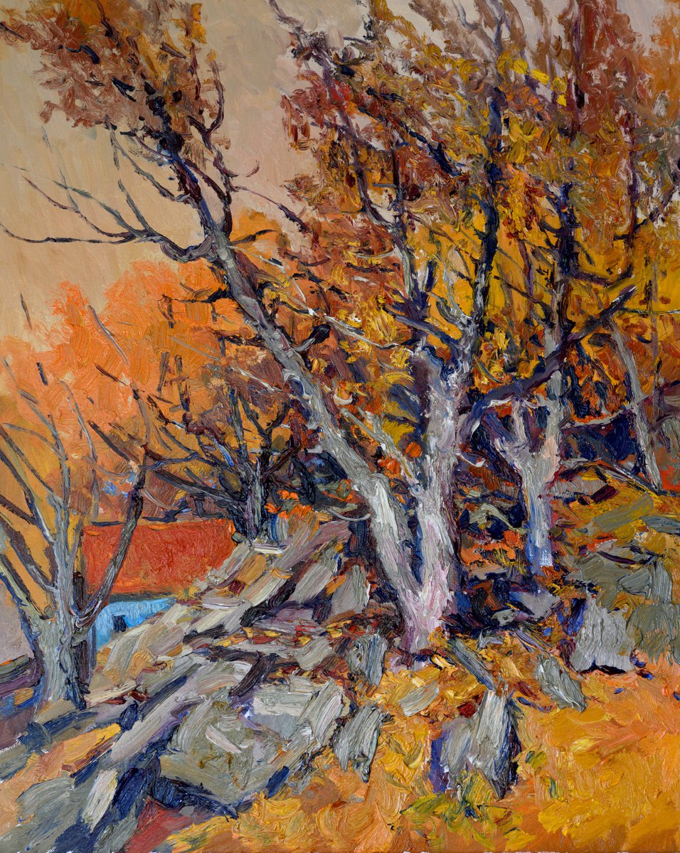 Expressive Landscape Oil Painting By Suren Nersisyan, 22 X 28", Walnut Trees, Fall, Original Artwork