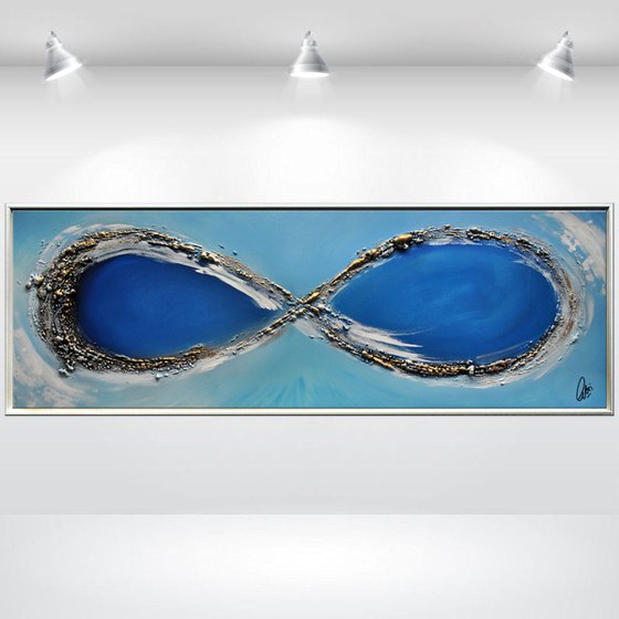 Infinity - abstract acrylic painting, canvas wall art, blue, black, white gold, framed modern art