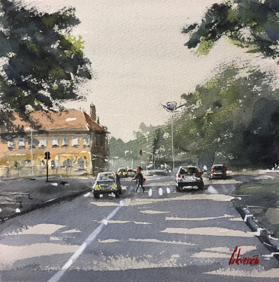 Impressionistic Cityscapes Watercolour By Tihomir Cirkvencic, 10 X 10", Cityscape 13 - Squared 25X25, Original Artwork