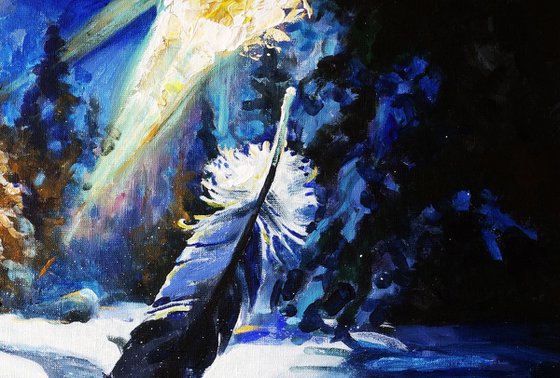 Falling Feather In Winter Forest