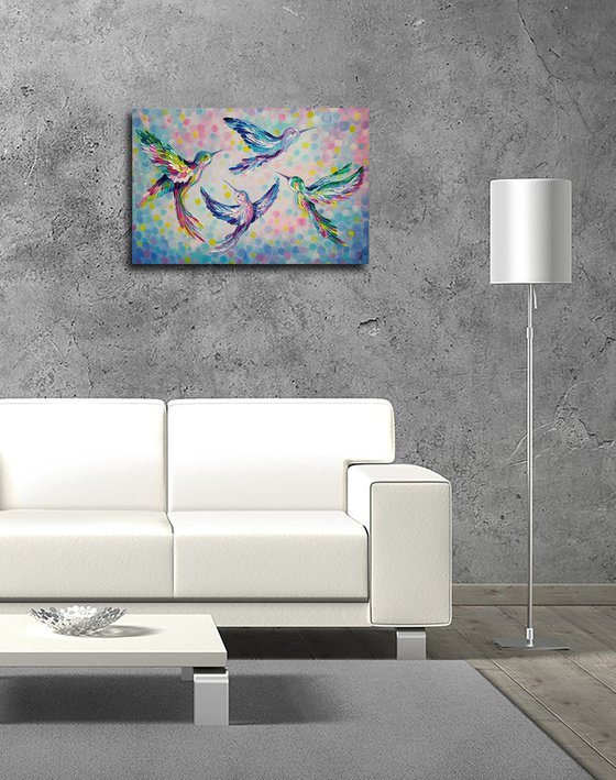 Weightlessness -  birds, love oil painting, birds in flight, birds oil painting, hummingbirds, love, animals oil painting, art bird, impressionism, palette knife, gift.