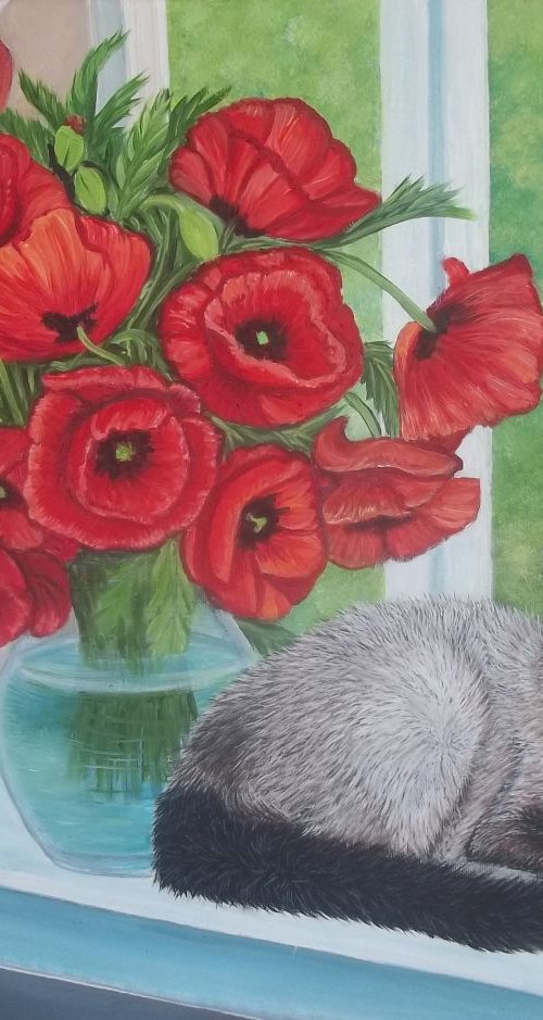 Siamese cat and Poppies by Sofya Mikeworth