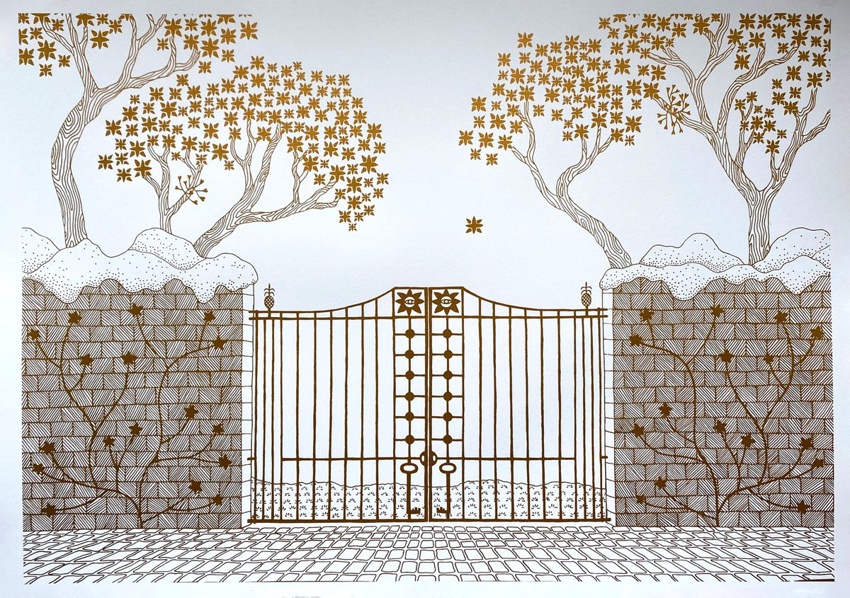 Overgrown Boundary (Gold on White) by Hannah Battershell