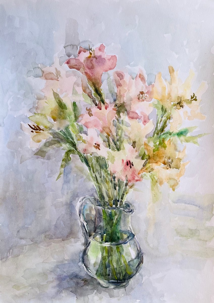 Impressionistic Botanical Watercolour By Elena Klyan, 17 X 23, Bouquet In Jug 16,5X23,2 In, Original Artwork