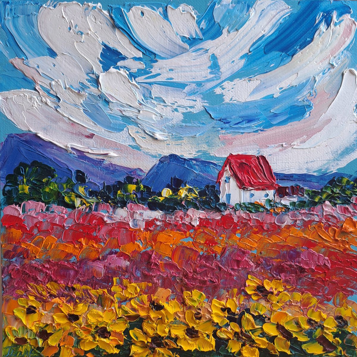 Impressionistic Landscape Oil Painting By Oksana Fedorova, 10 X 10", The Flowers And House, Original Artwork
