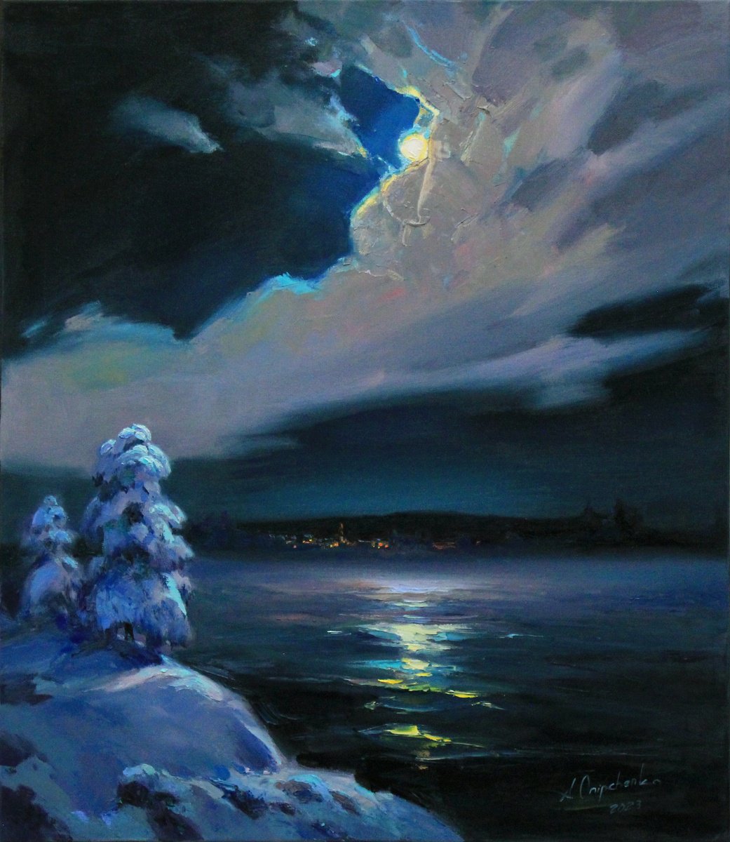 Impressionistic Landscape Oil Painting By Alisa Onipchenko-Cherniakovska, 28 X 31, Winter Night, Original Artwork