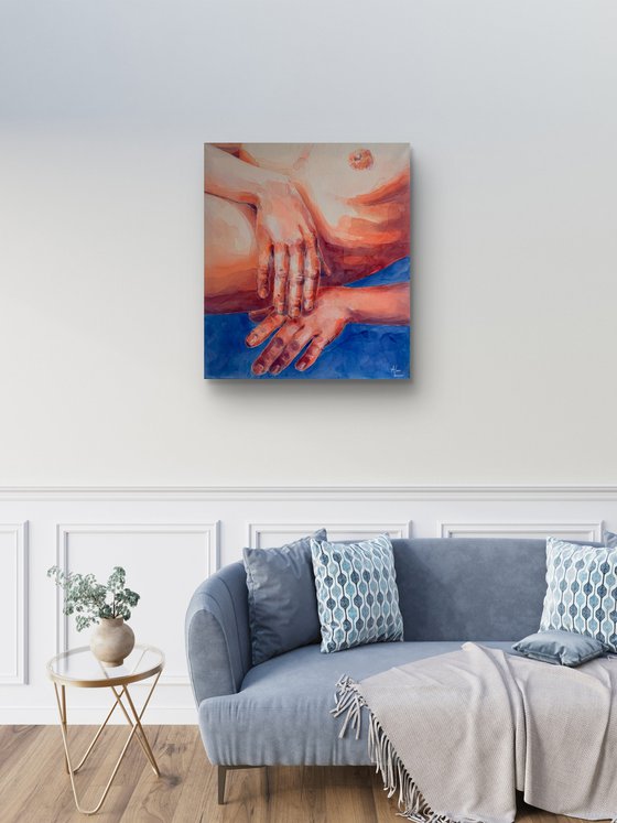 Two hands with blue background