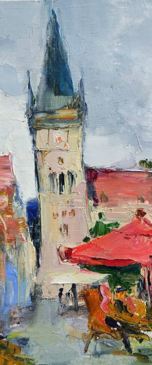 Medieval castle Ancient architecture in Bardejov. Slovakia . Original plain air oil painting by Helen Shukina