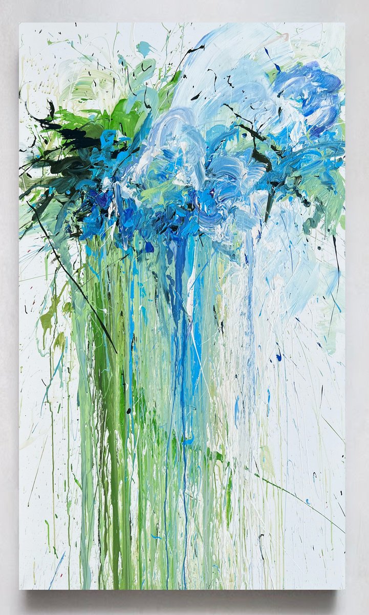 Abstract Botanical Acrylic Painting By Rosi Roys, 39 X 67", Blue Flower, Original Artwork
