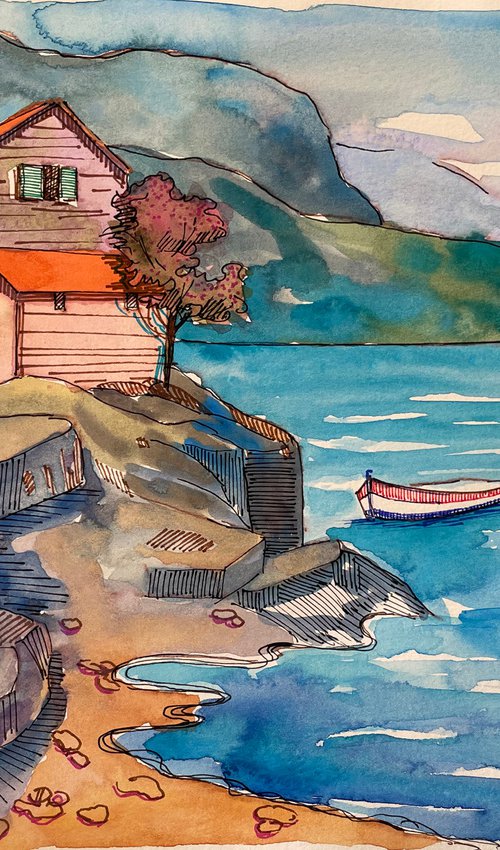 Boat at the pier by Mary Voloshyna