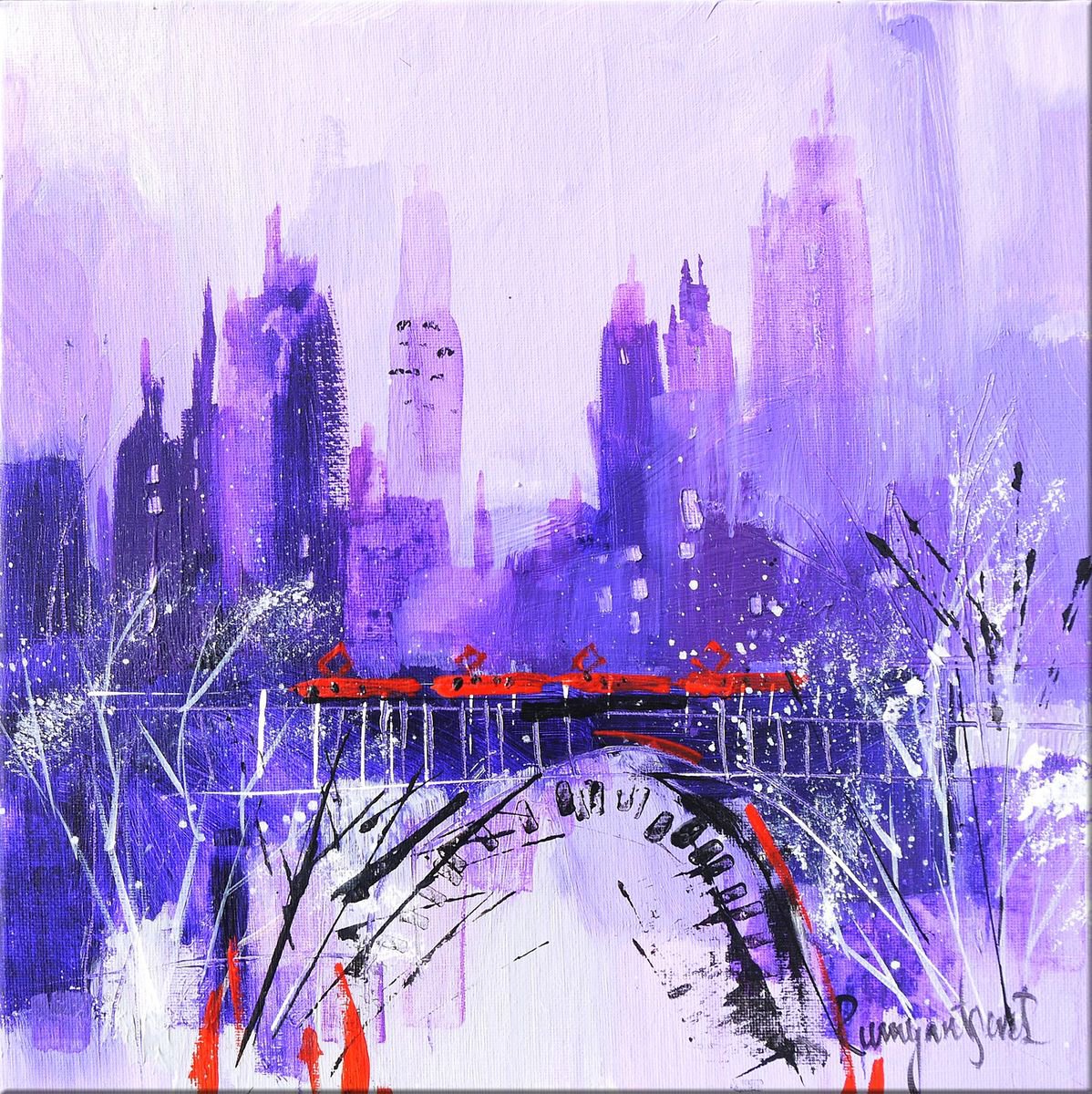 Impressionistic Cityscapes Acrylic Painting By Irina Rumyantseva, 12 X 12, New York Express 12, Original Artwork