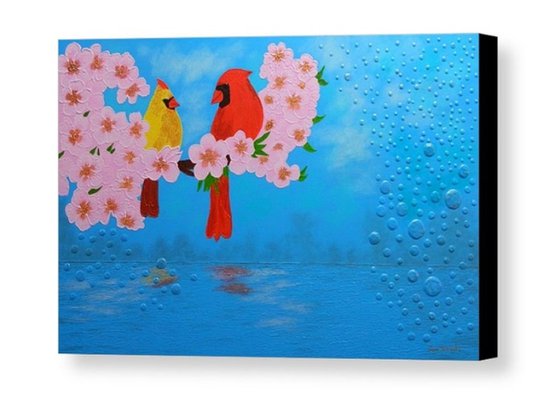 Mozart´s Trill  - semi abstract landscape, cardinal birds, flower blossoms and bubbles