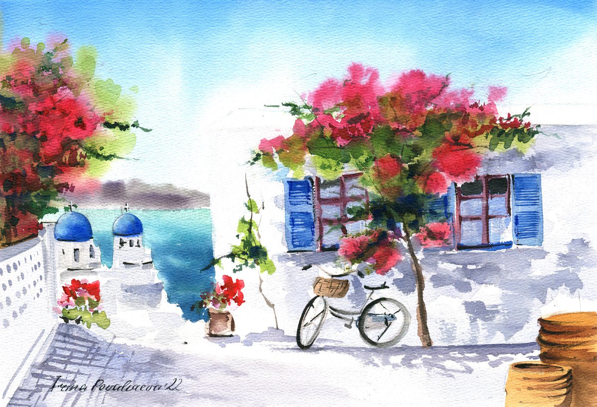 Santoriny coast blossom painting beach wall art living room home decor gift idea by Irina Povaliaeva