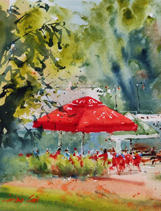 Red umbrella (2019) | Original Hand-painted Art Small Artist | Mediterranean Europe Impressionistic