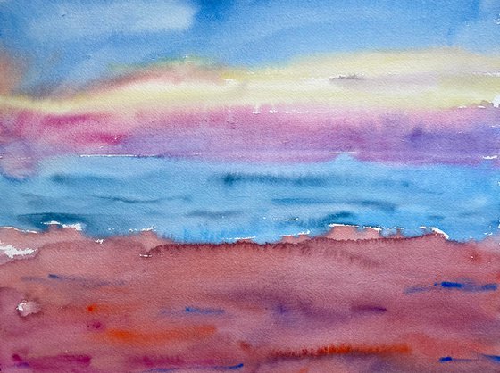 Seascape Watercolor Painting, Sea Ocean Wall Art, Sunset Large Original Painting, Coastal Home Decor