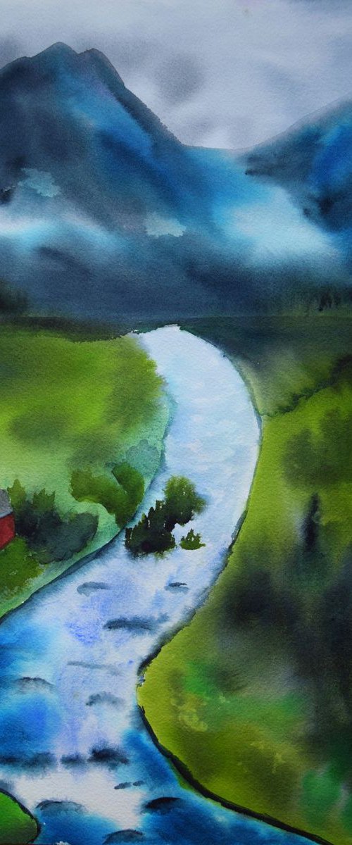 Norway mountain landscape watercolor painting, hygge home decor by Kate Grishakova