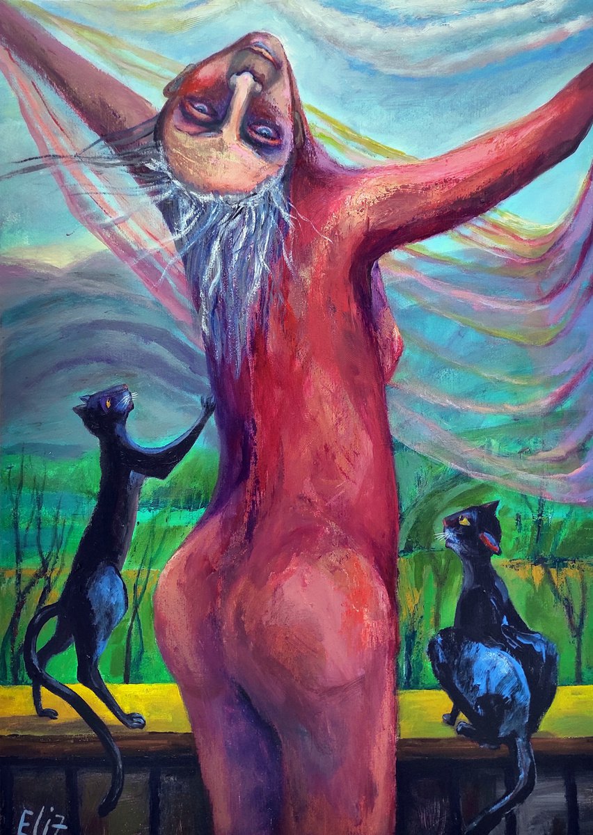 Expressive Portrait Acrylic Painting By Elisheva Nesis, 20 X 28, Age Of Freedom, Original Artwork