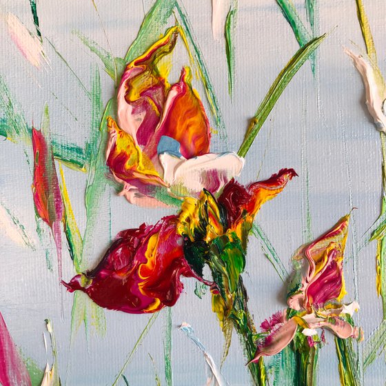 MORNING IRISES - Blooming irises. Red flowers. Summer landscape. Saturated colors. Fancy petals. Greenery. Beauty of nature. Palette knife.