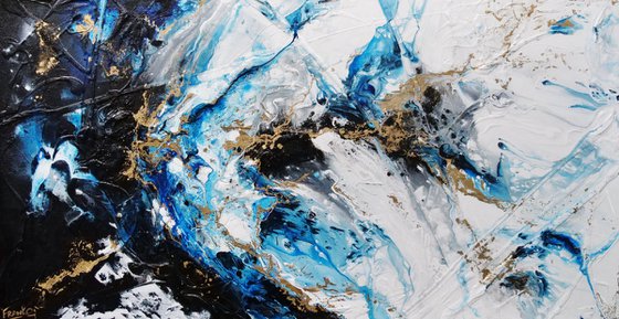 Golden Midnight 190cm x 100cm Blue Gold White Textured Abstract Art