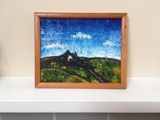 "My Secret Cottage" - Original PMS Micro Painting on Glass, Framed - 11" x 9"