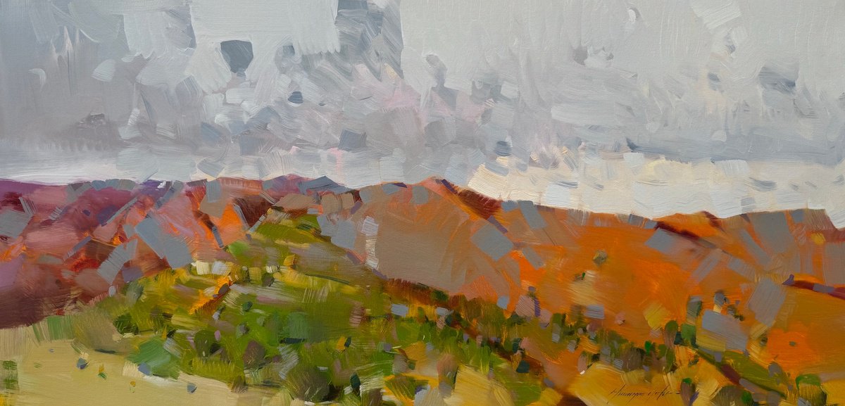 Impressionistic Landscape Oil Painting By Vahe Yeremyan, 36 X 18", Mountain View, Original Artwork