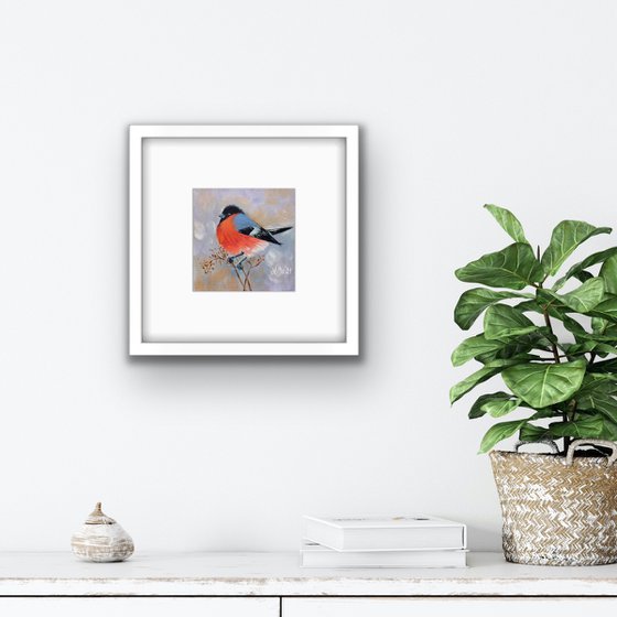 Bird oil painting - Bullfinch small canvas artwork - Christmas gift for bird lover (2021)