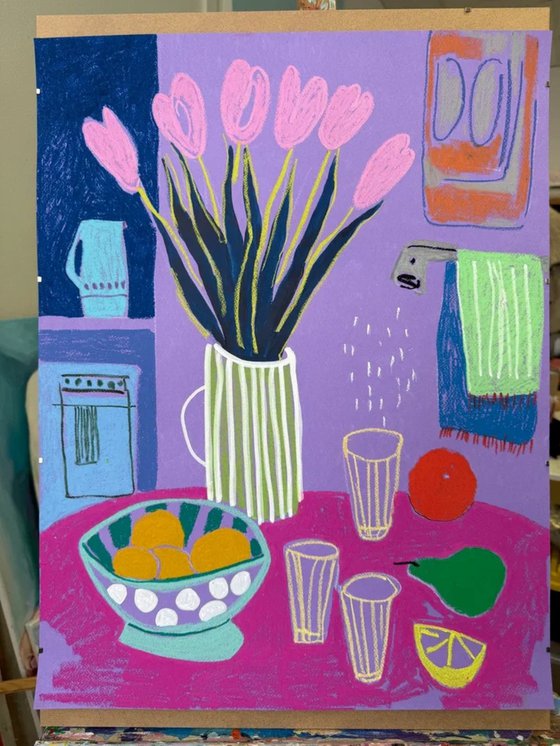 Pink Tulips and Purple Morning