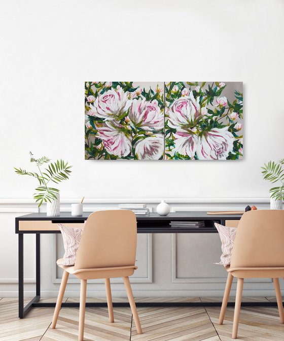 Abstract Flowers Diptych Original Acrylic Artwork Roses Painting Large Flowers Painting