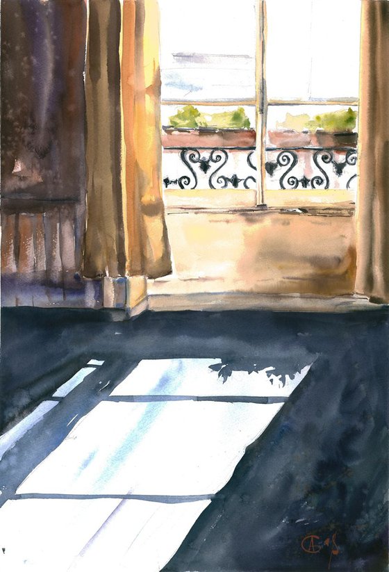 Window in Paris. Original watercolor. France impressionism light morning cozy interior old house impression decor interior