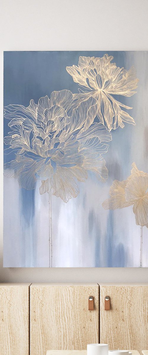 "Thinness 2" Abstract flower blue acrylic art by Marine Boiko