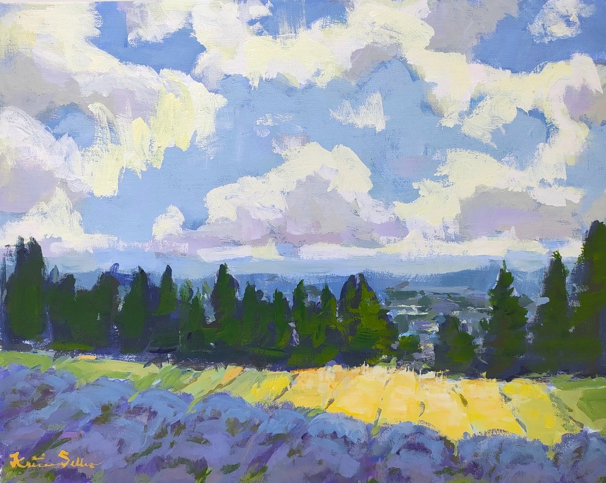 Impressionistic Landscape Acrylic Painting By Kristina Sellers, 14 X 11", Drifting Clouds, Original Artwork