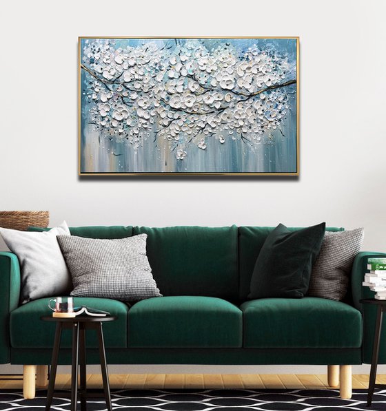 Sakura Branches - Original Abstract FlowerPainting, Abstract Painting, White Blooming Flower Painting, Size: 40 x 24 inches (100 x 60 cm)