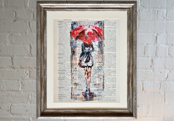 Red Umbrella  - Collage Art on Large Real English Dictionary Vintage Book Page