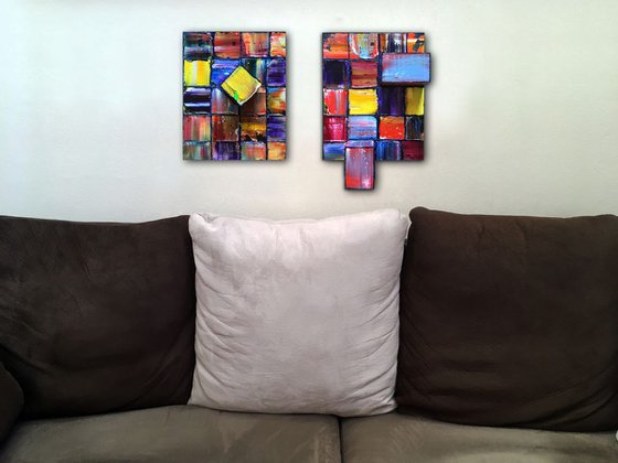 "We Just Fit" - FREE USA SHIPPING - Original Diptych PMS Mixed Media Sculptural Paintings On Wood, Framed - 16 x 11.5 inches