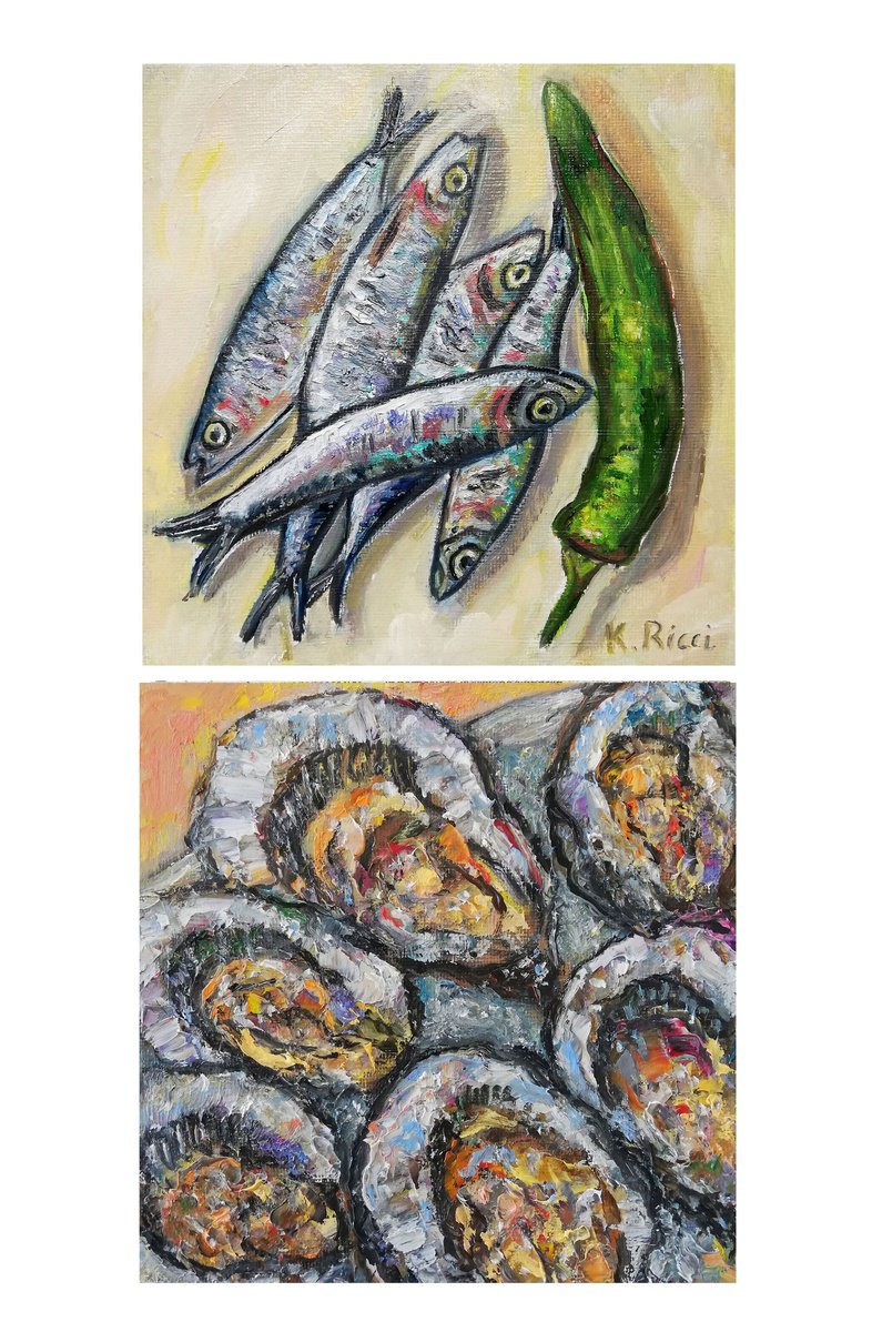 Impressionistic Still Life Oil Painting By Katia Ricci, 6 X 6", Fishes And Oysters, Original Artwork
