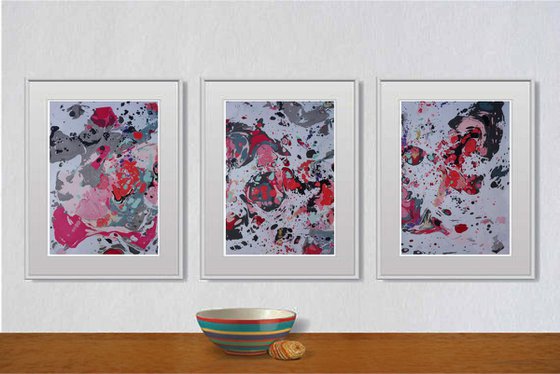 Set of 3 Fluid abstract original paintings on paper A4 - 18J018